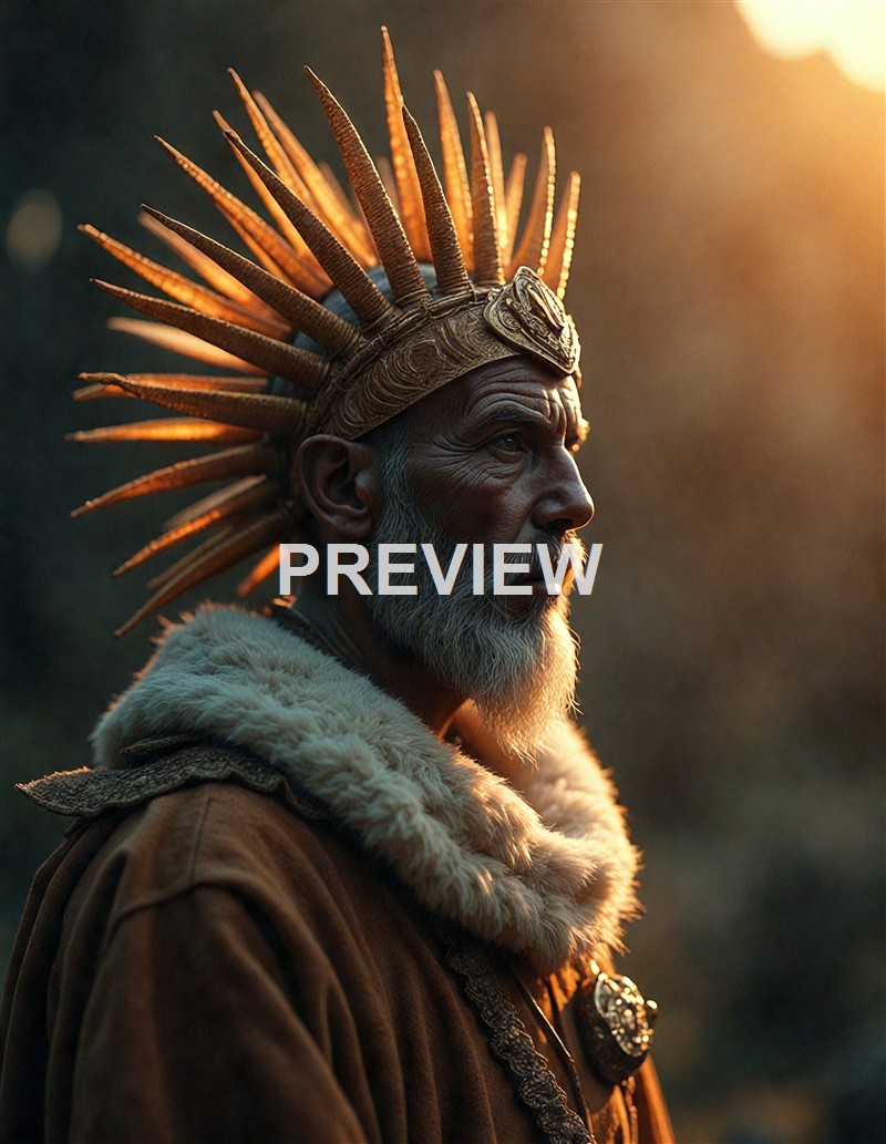 An elderly man with a long white beard wearing a traditional headdress with numerous spikes, dressed in a fur-lined garment, standing outdoors with warm sunlight illuminating his profile.